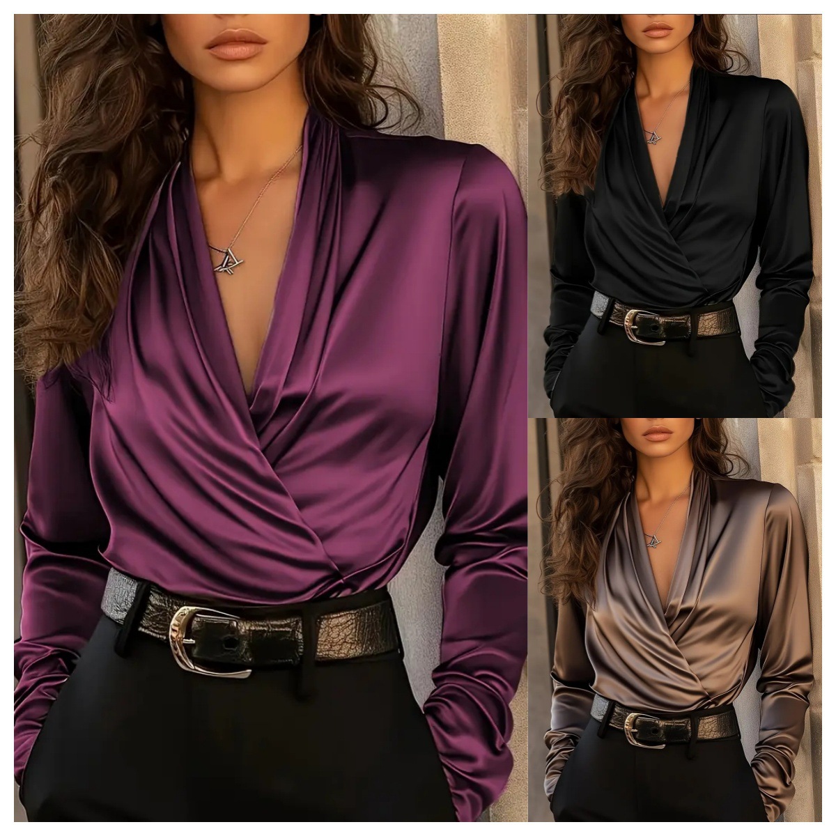 Women Formal Office Wear Tops - Women's Satin Wrap V Neck Long