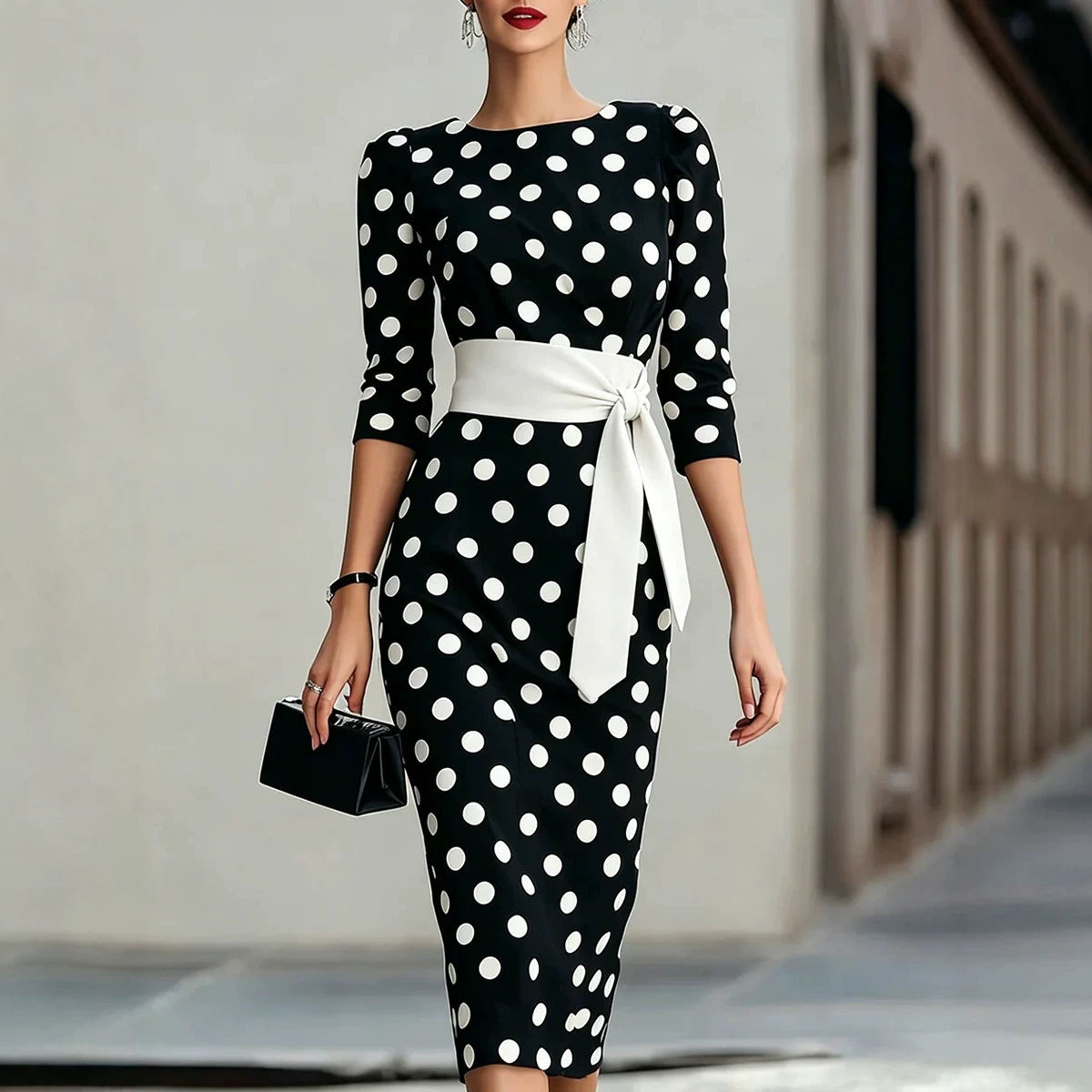 Women Formal Office Wear Tops - Women Elegant Black White Polka Dot