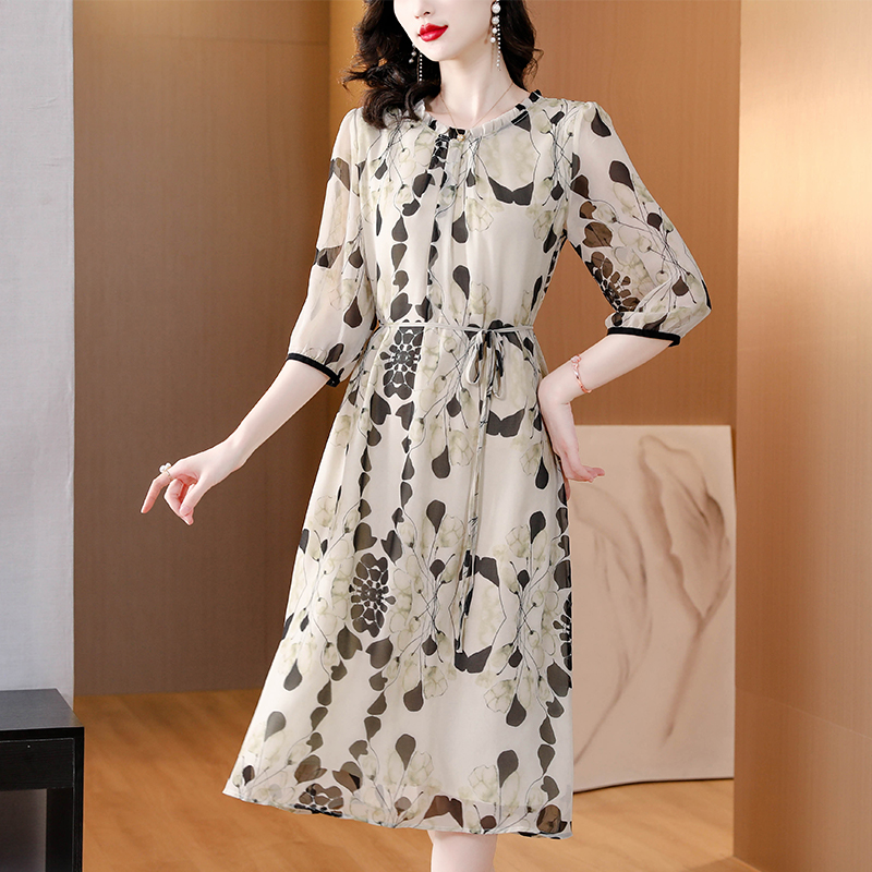 Women Formal Office Wear Tops - Summer Floral White Silk Beach Midi