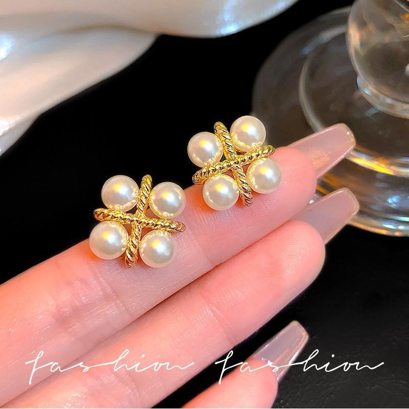 Pearl Earring Stud - 925 Silver Needle Korean Fashion Cross