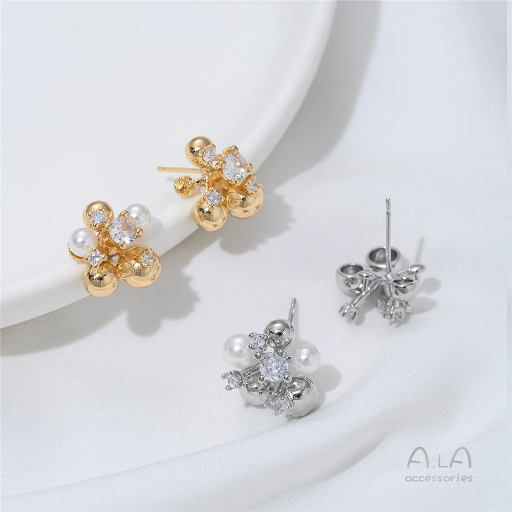 Pearl Earring Stud - 14K Gold-plated, Zirconium-inlaid Flower Ball, Bead,