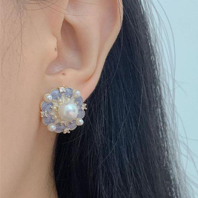 Pearl Earring Stud - 925 Silver Needle Vintage Purple Oil