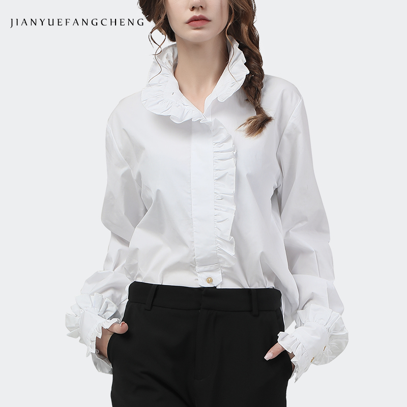 Women Formal Office Wear Tops - Elegant Ruffles Women White Cotton Shirts
