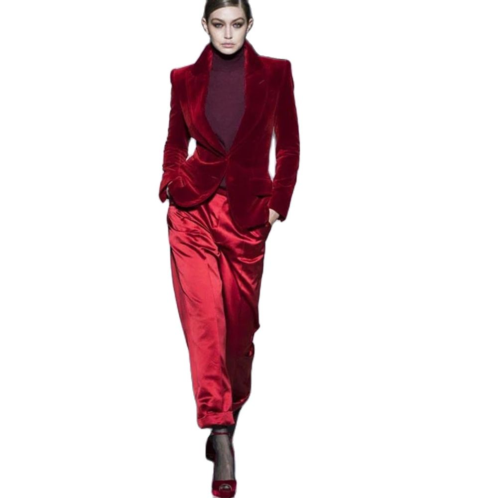Women Pant Suits Wine Red Velv - Women Formal Wear Business ulasan dan harga